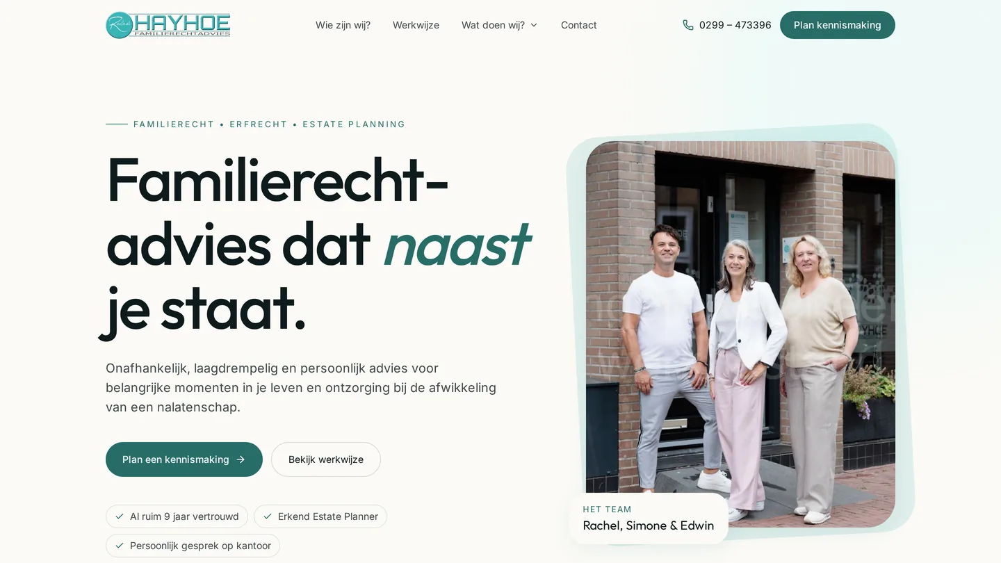 Screenshot van de website van Hayhoe Familierechtadvies